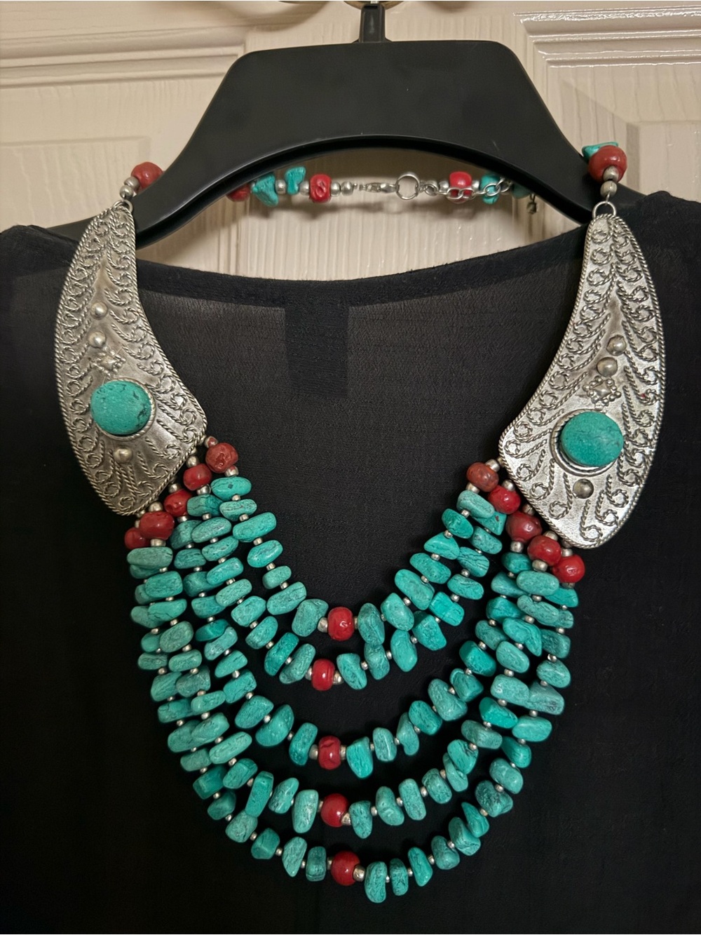 Turquoise and Red Multi-Strand Statement Necklace - Women's Jewelry
